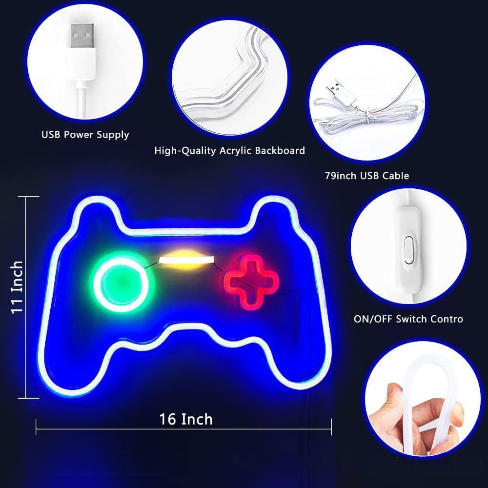 LED Neon Game Controller Light with Transparent Back Panel for Game Room & E-Sports Decor.