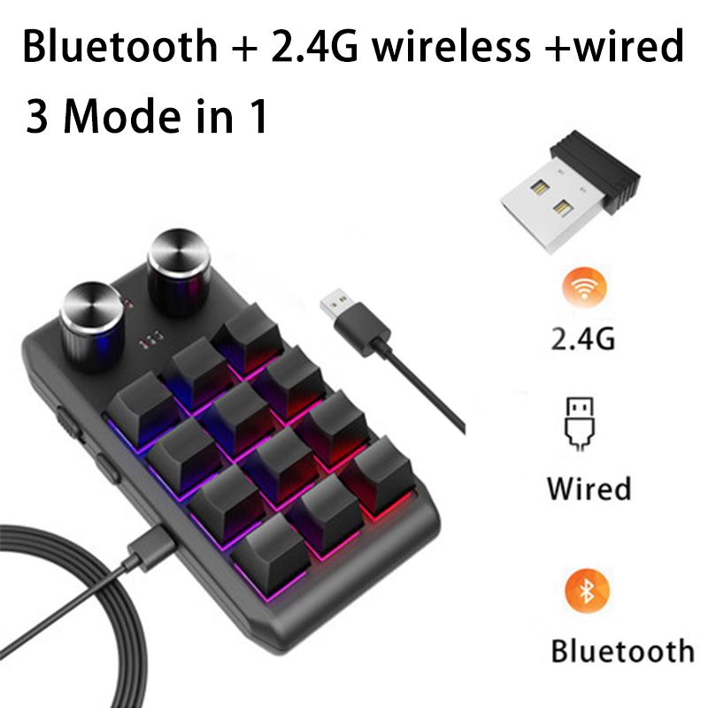 USB Wired Bluetooth 2.4G 3 Modes 12 Key 2 Knob Programming Macro Custom Keyboard PS Game Mechanical Keyboard Hot-swap Keypad