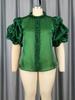 Plus Size Dark Green Satin Ruffle Stand Collar Puff Sleeve See-Through Top