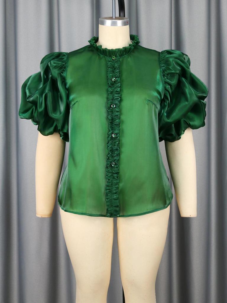 Plus Size Dark Green Satin Ruffle Stand Collar Puff Sleeve See-Through Top