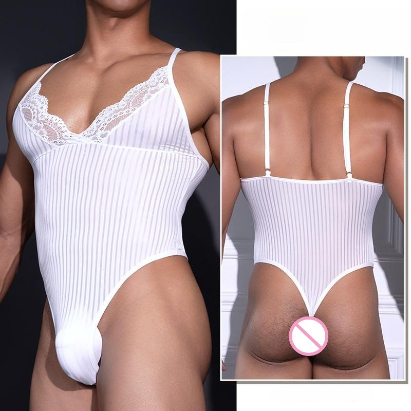 Men's Sexy Bodysuit Mesh Lace Crossdressing Sissy Lingerie Smooth Ultra-Thin See Through Elastic Gays Underwear Tights