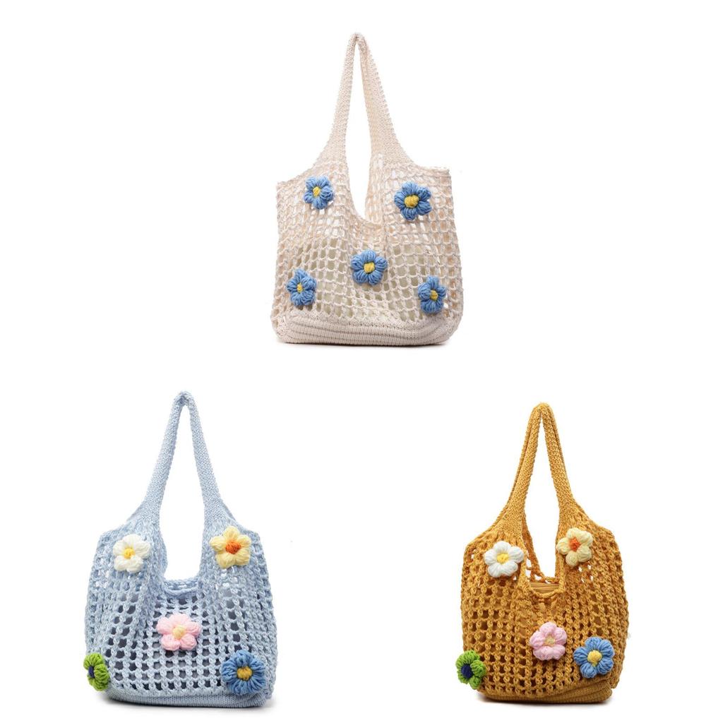 Cotton Woven Beach Bag With Floral Pattern For Summer Vacation And Daily Use
