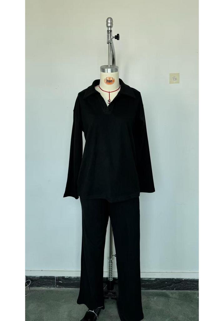 European & American Polo Collar Casual Pullover with Wide-Leg Pants Two-Piece Set for Women - Autumn/Winter 2025 Collection