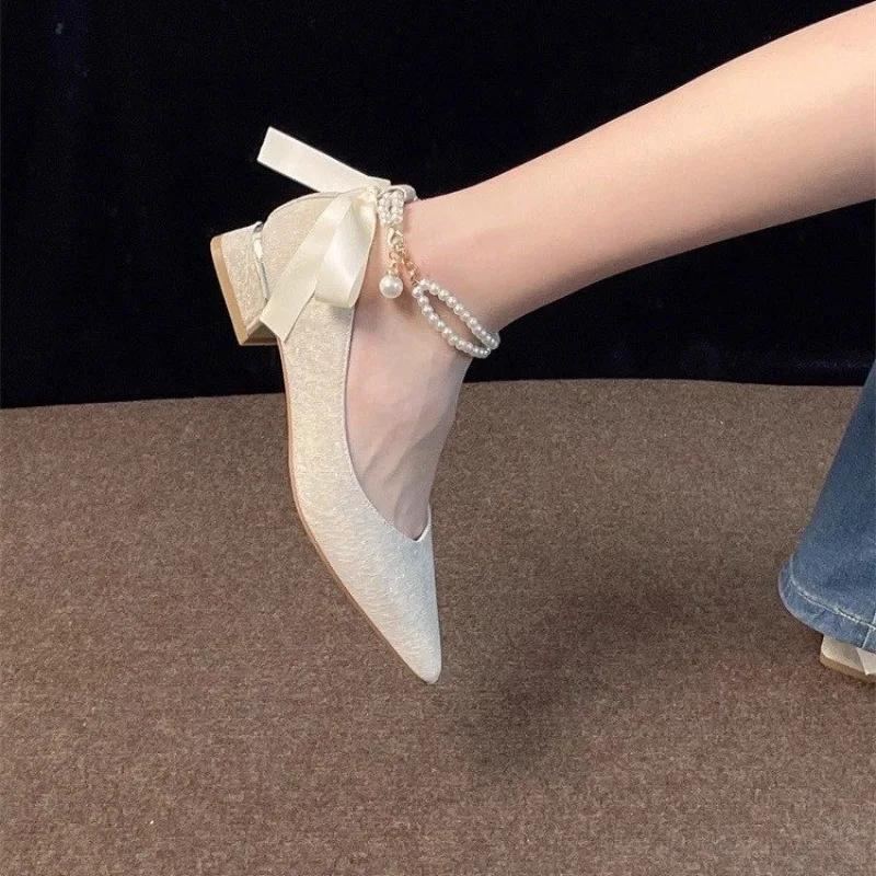 Fashion Stylish Square Heel Single Shoes Women's Pointed Toe Shallow Mouth Beaded Bow Non-Slip Low Heel Shoes
