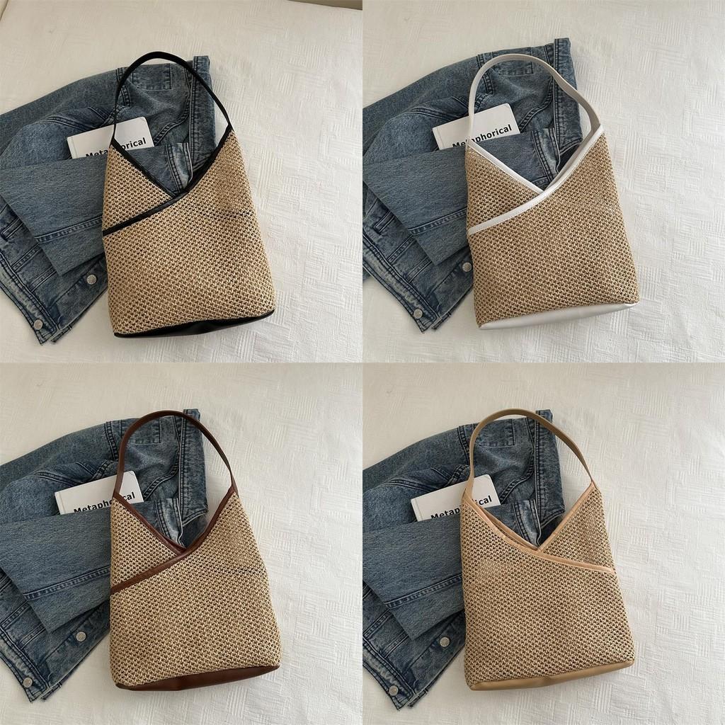 Vintage Woven Tote Bag Stylish Large Capacity Shoulder Bag For Women In Black White Brown And Khaki