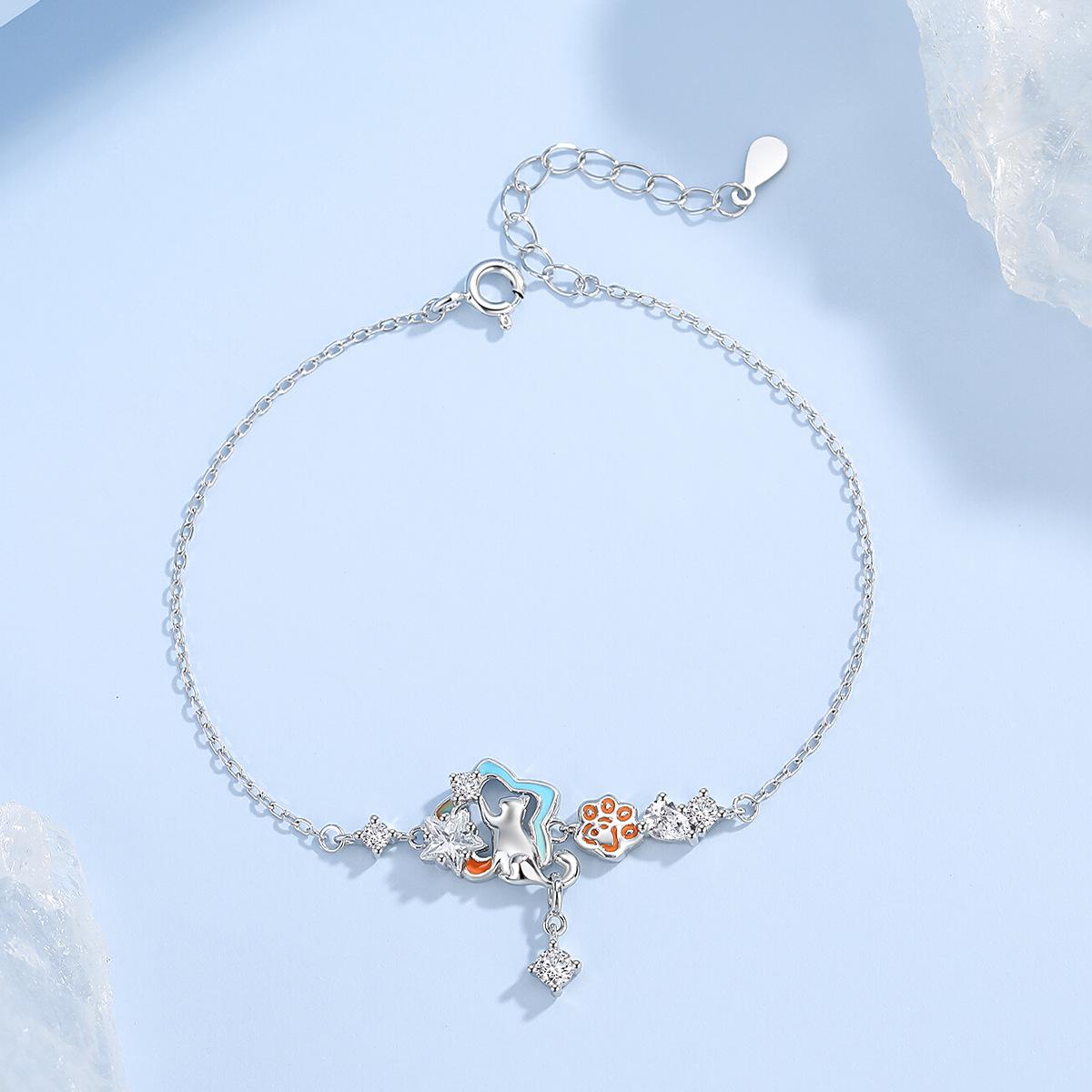 Tichya Starlight Cat Bracelet, Women s S925 Sterling Silver, Versatile Luxury Enamel Star Jewelry 925 Silver