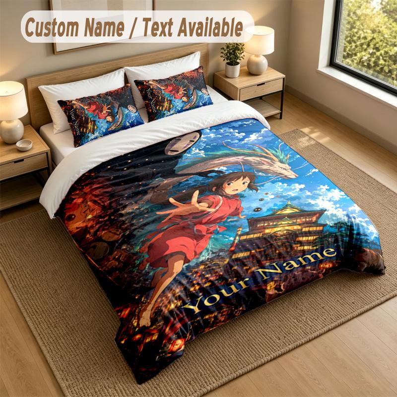 3Pcs Bedding Set Custom Name Text, 1 Sheet 2 Pillowcases Home Bed DecorSpirited Away