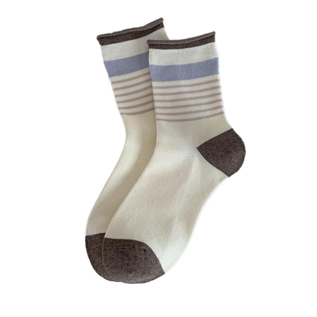 Women's Striped Mid-Calf Cotton Socks: Trendy Rolled-Edge Retro Japanese Color Block for Spring, Autumn, and Winter