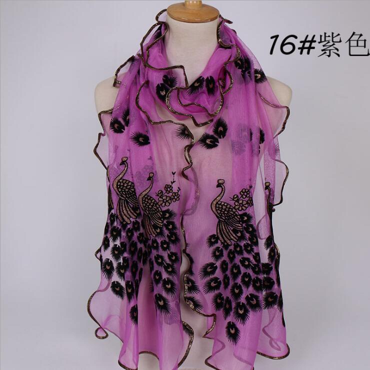 Women Chiffon Neck Scarf Flower Peacock Embroidered Lace Scarf Femmes Silk Long Soft Elegant Shawl New Spring Muffler Scarves