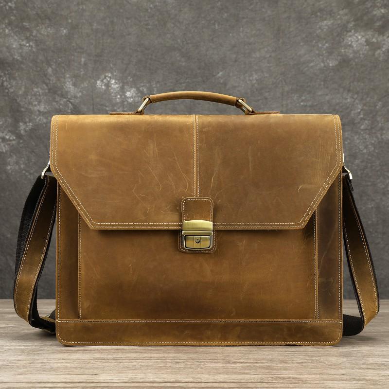 Genuine Leather Retro Men s Business Briefcase Crazy Horse Large Capacity Lock Anti-theft Computer Bag Handbag Men