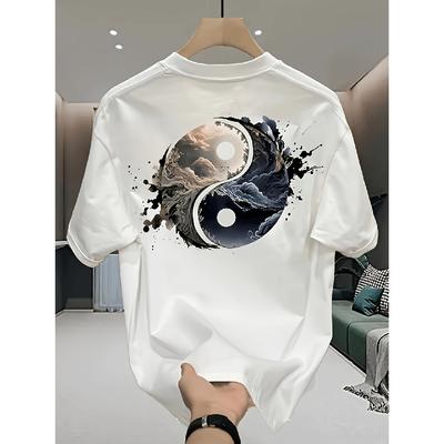 Men's Oversized Yin Yang Graphic Tee, Short Sleeve Crewneck Cotton Blend, Abstract Ink Splash Design for Streetwear Daily Wear