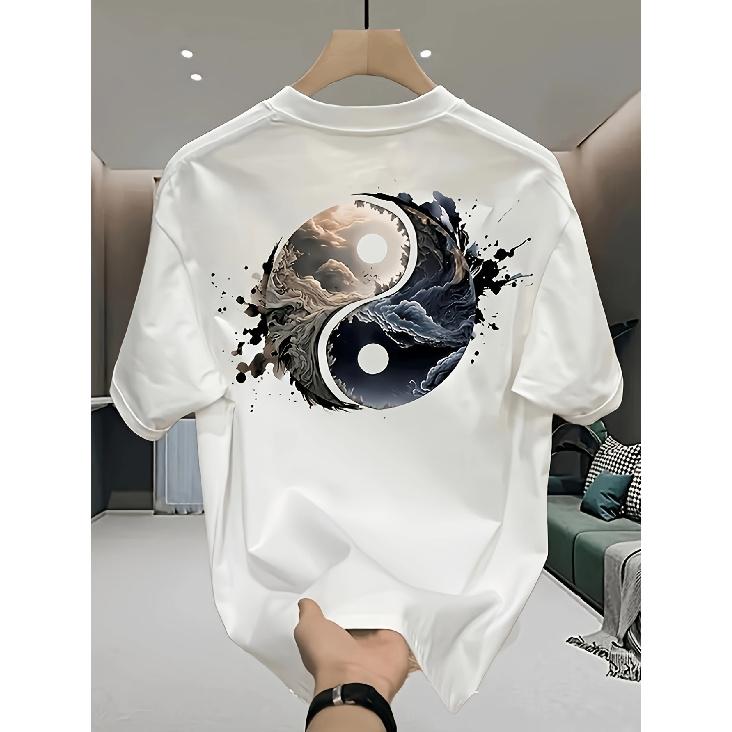 Men's Oversized Yin Yang Graphic Tee, Short Sleeve Crewneck Cotton Blend, Abstract Ink Splash Design for Streetwear Daily Wear