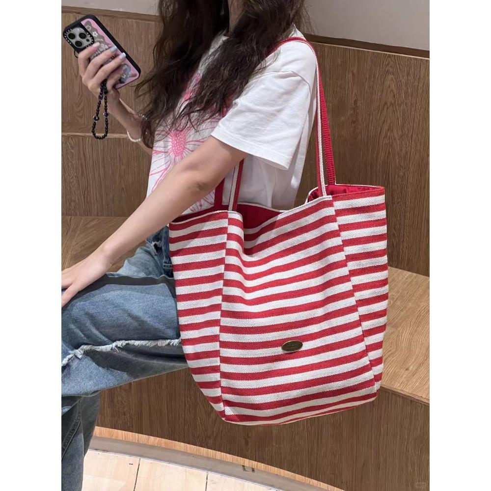 Double-sided striped canvas bag female niche Korean large-capacity lazy wind tote bag student leisure shopping bag bag