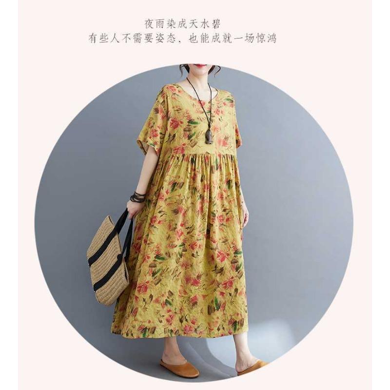 Loose and Thin Retro Swing Round Neck Short Sleeve Long Dresses