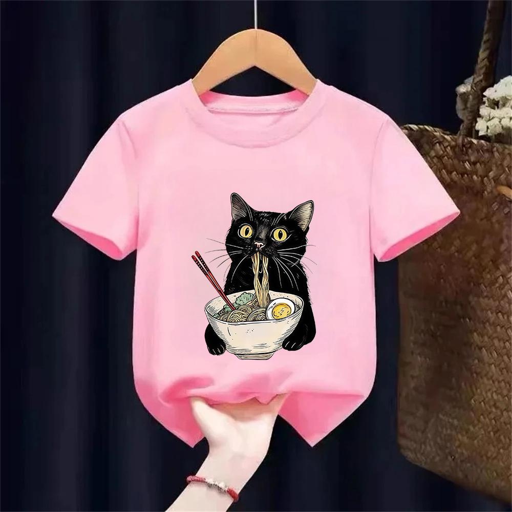 Noodle Ramen Cat TShirt Foodie Lover T Shirts Black Cat Noodle Kids TShirts Retro Casual Short Sleeve Tshirt Girl Boy Clothes