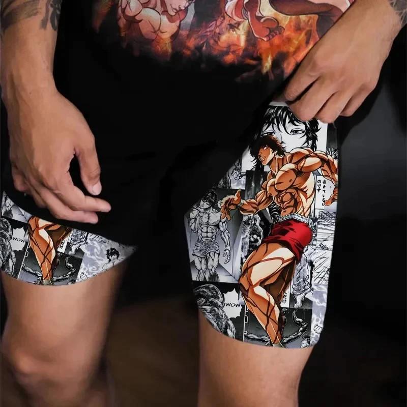Calções de Treino Baki Grappler Calças Camada Dupla Boxe Muay Thai Kickboxing Treino Desenho Animado Japonês Animação Estampa 3D Ginásio Desporto Treino Fitness Cosplay Unissexo