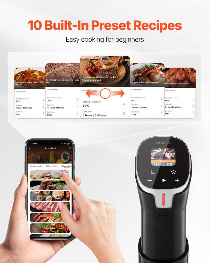 Sous Vide Präzisionskochgerät, 1100W Sous-Vide Kochmaschine, WIFI Immersion Circulator mit 10 voreingestellten Rezepten, LCD-Touchscreen, Schnellheizend, Präzise