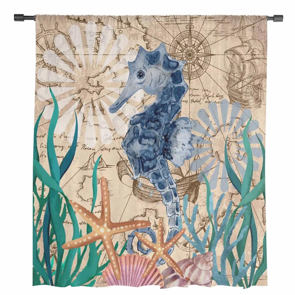 Seahorse Seaweed Starfish Shell Retro Sheer Curtains For Living Room Kitchen Window Curtains Bedroom Tulle Voile Curtains