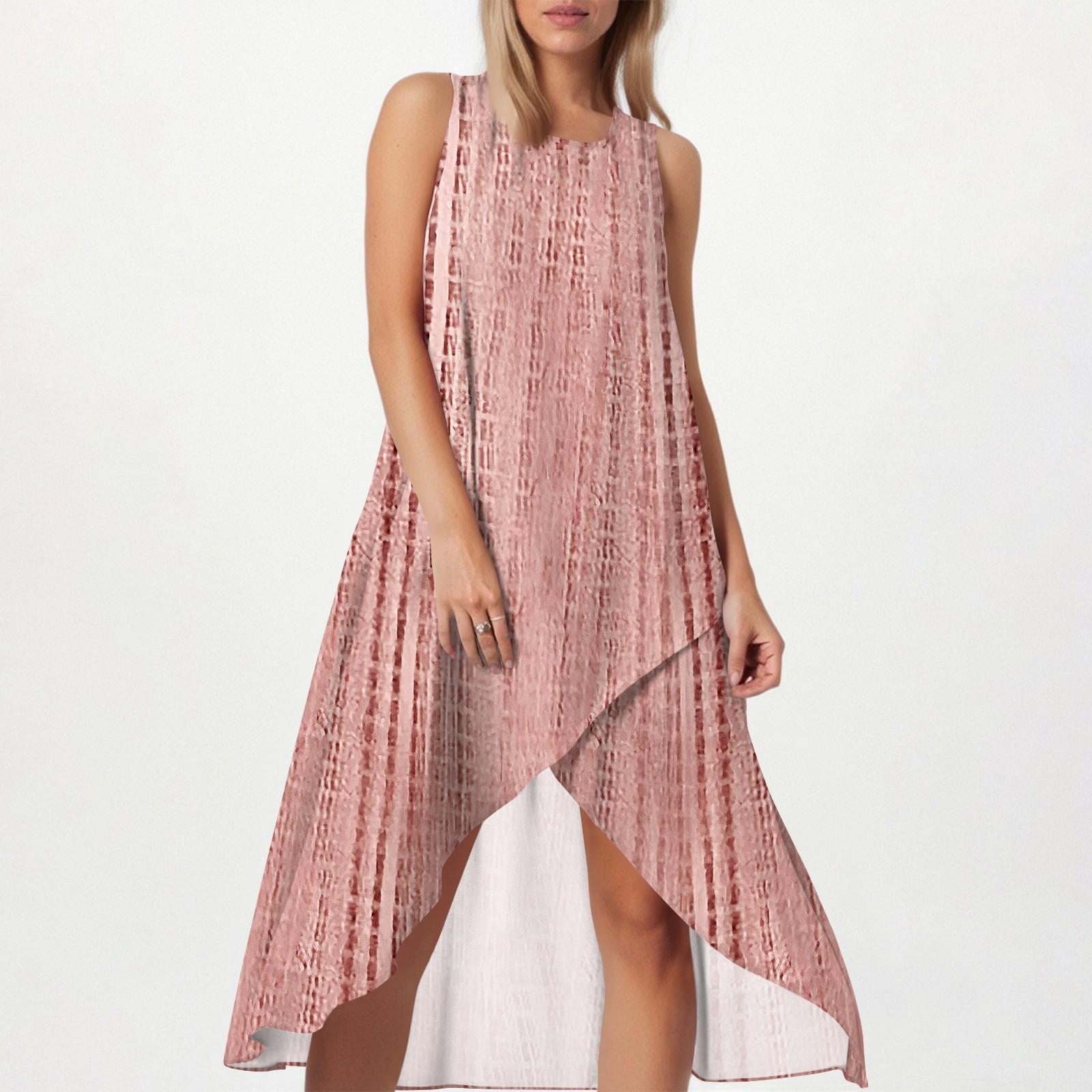 

Женское свободное повседневное модное платье с квадратным круглым вырезом, однотонное, пляжная юбка с разрезом сбоку, без рукавов, юбка из хлопка и льна L розовый