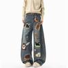 Summer Trendy Brand American Cartoon Towel Embroidered Jeans Men's Design Wide-leg Pants Loose and Versatile Floor-mopping Trousers