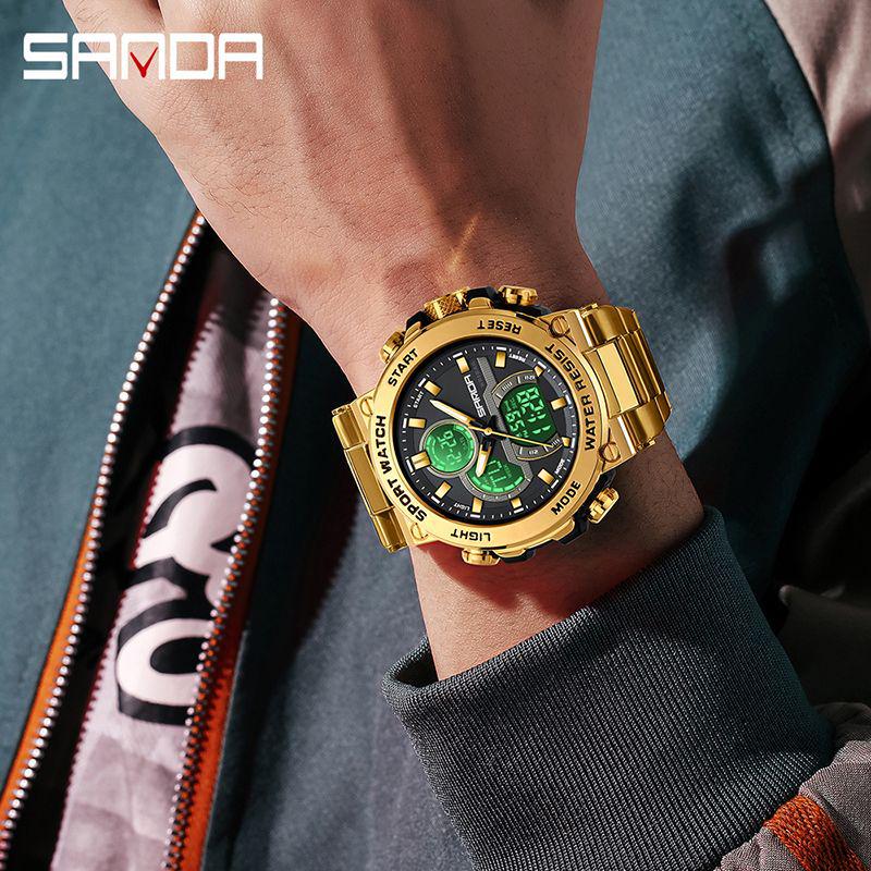 Sanda Luminous Men's Multifunctional Dual Display Steel Band Electronic Watch