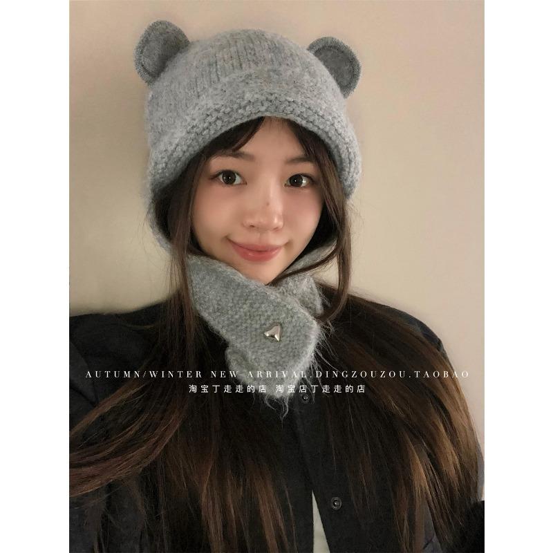 Cute Bear Ears Red Knitted Autumn and Winter Wool Hat Women's Warm Ear Protection Hat Showing Face Small Winter Headhat