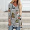 Ladies' Fashionable Casual Christmas Printed T-shirt Long Sleeved V-neck Mid Length Top