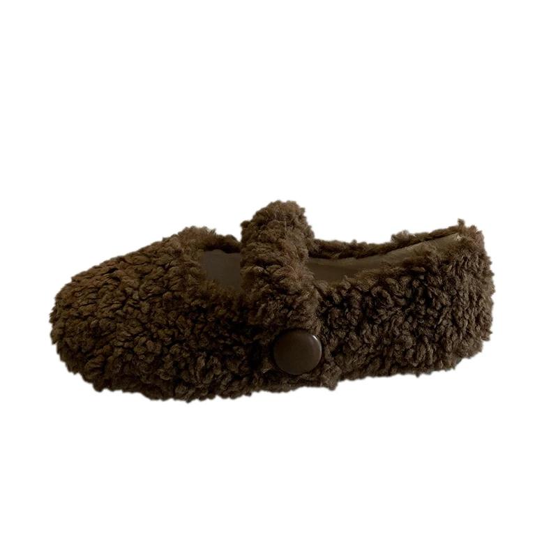 Fashion Winter New Fashion White Furry Beanie Shoes Women Wear French Style Plus Fleece Cotton Shoes Female Fairy Solid Mary Jane Shoes