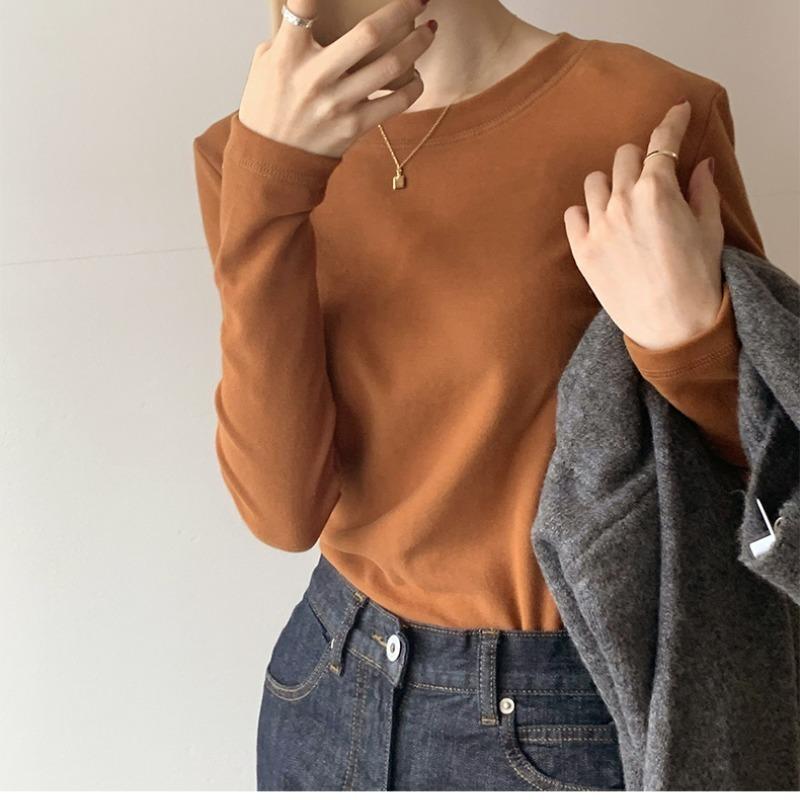 

Осенне-зимняя футболка с длинным рукавом для женщин, модная облегающая теплая бархатная футболка, женская элегантная повседневная белая футболка с круглым вырезом 24622 2XL оранжевый