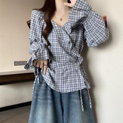 Plaid Shirt Women's Large Size Retro Ruffle Edge V-neck Spring Fat Mm Thin Design Irregular Waist Top