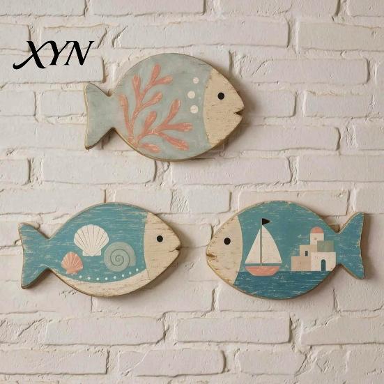 Beach House Wall Decor for Home 4Pcs Wooden Hanging Fish Art, Coastal Bathroom Plaque with Nautical Art Living Room Theme Bedroom, Rustic Ornament,