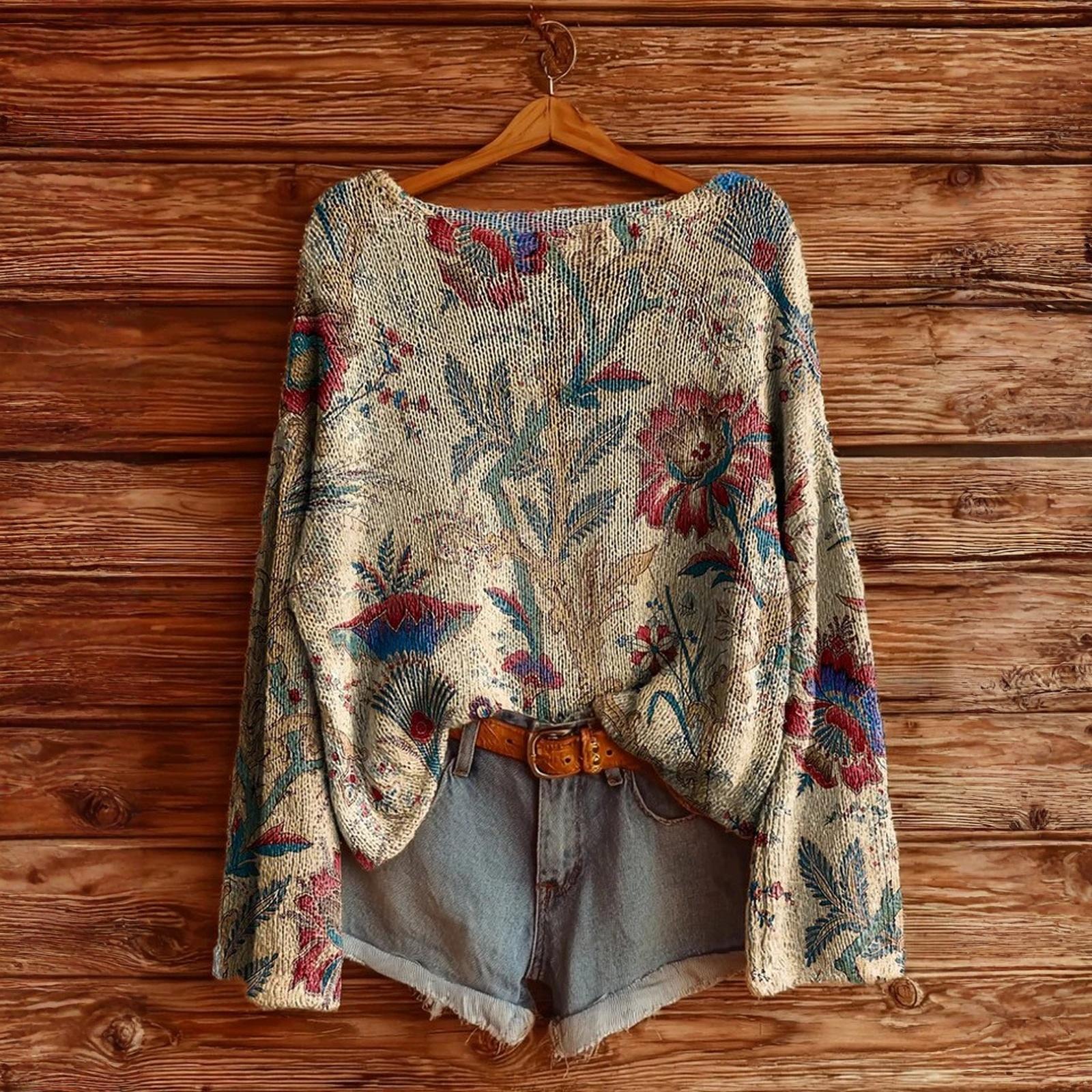 

Женская футболка с винтажным цветочным принтом, круглым вырезом, свободная, с длинным рукавом, средней длины, с большим пальцем, с утечкой L