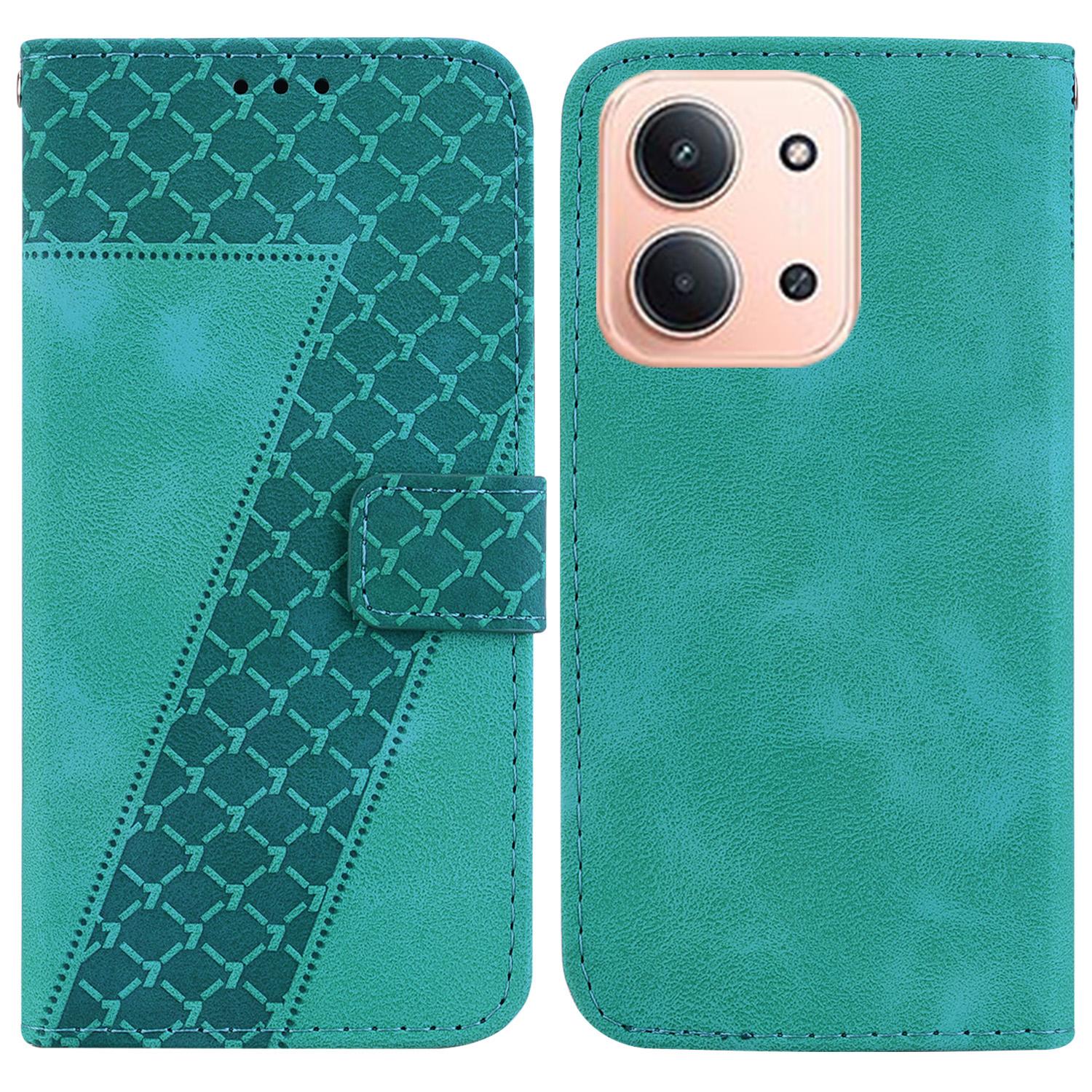 

For Xiaomi Redmi 15C 5G (EU) (173mm)/15C 4G (EU) (173mm) Stand Case 7-Shaped Pattern Imprint Leather Phone Cover with Strap Green