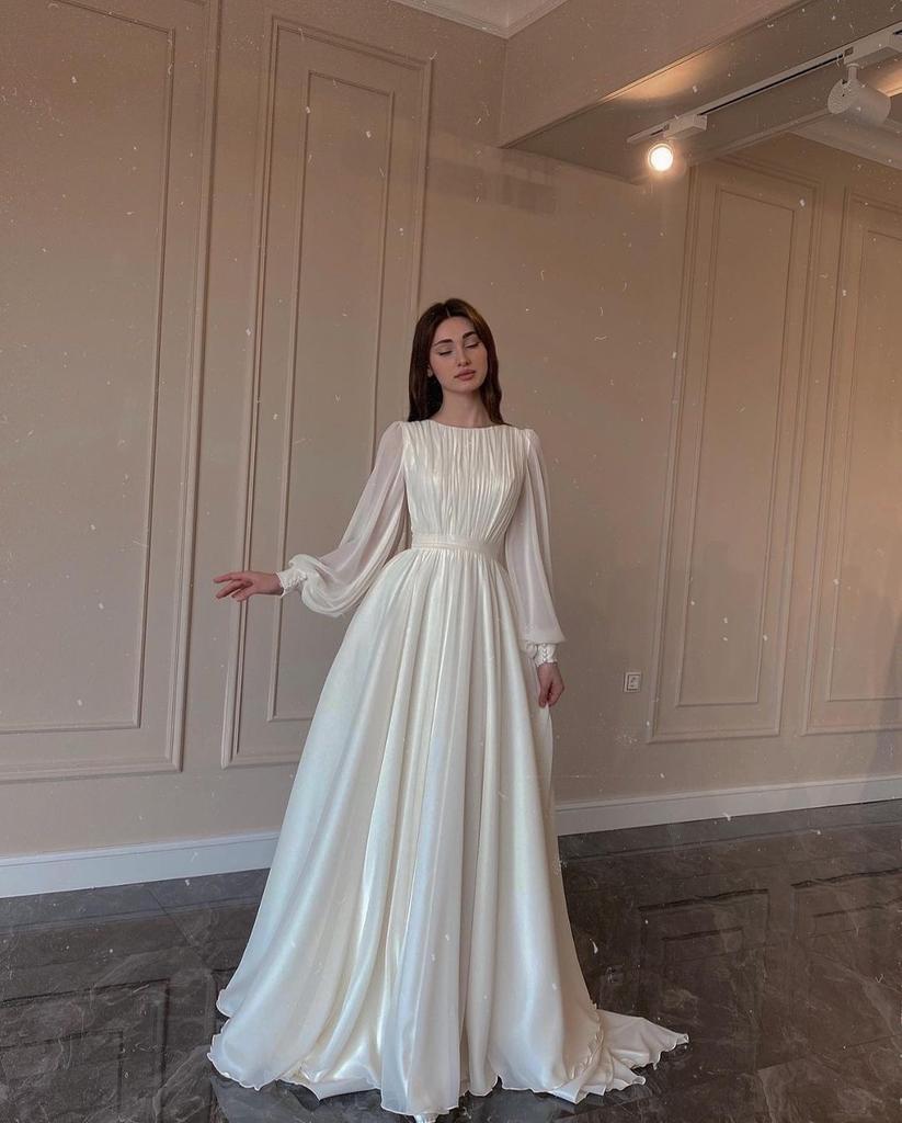 Rochie Lanternă Perlată Rochie Albă de Nuntă Rochie cu Gât Rotund