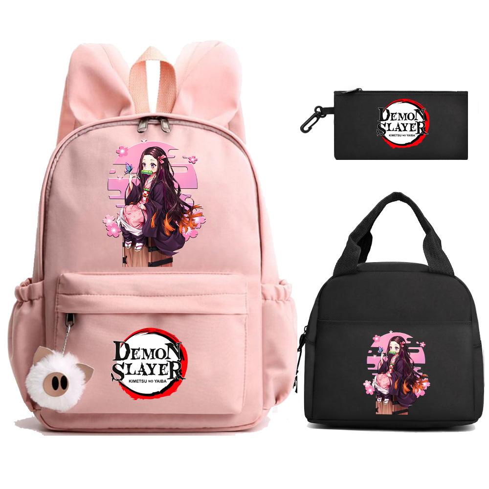 3Pcs/set Anime Demon Slayer Printed Backpack Lunch Bag Pencil Case for Student Schoolbag Girl Women Large Capacity Waterproof Travel Bag Gift