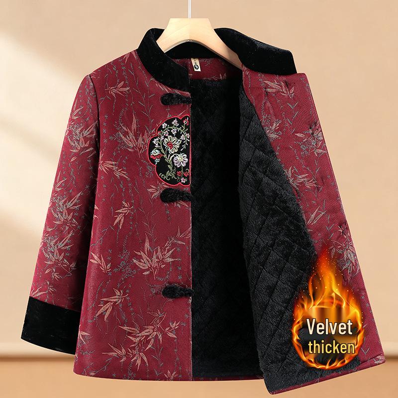Elderly Women's Winter Cotton Jacket, Grandma’s Plus Velvet Thickened Tang Suit, Warm Stand Collar Outerwear for 70-Year-Olds