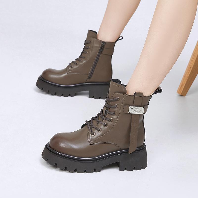 Leather Martin boots women's 2025 winter new thick heel medium tube women's boots thick-soled versatile velvet British style short boots