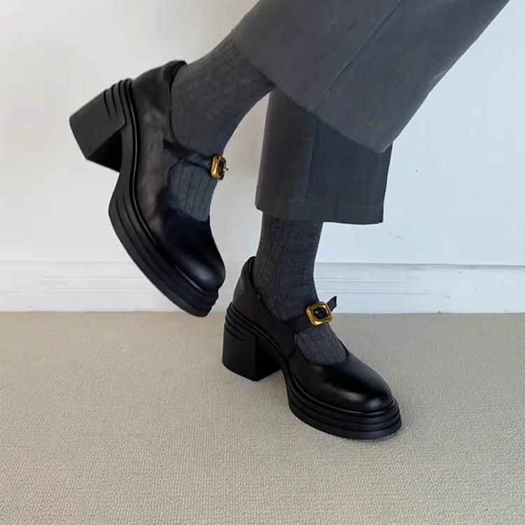 Schafsleder-Version~ Kleine, pendlerfreundliche, vielseitige, erhöhende Loafer-Einzelschuhe für Damen, Retro-Ein-Wort-Modell mit dicksohligen, runden Zehen, kleine Lederschuhe