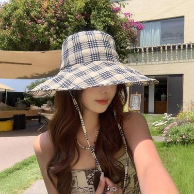 Summer Sunscreen Visor Hat Women's UV Protection New Big Eaves Plaid Versatile Bucket Hat
