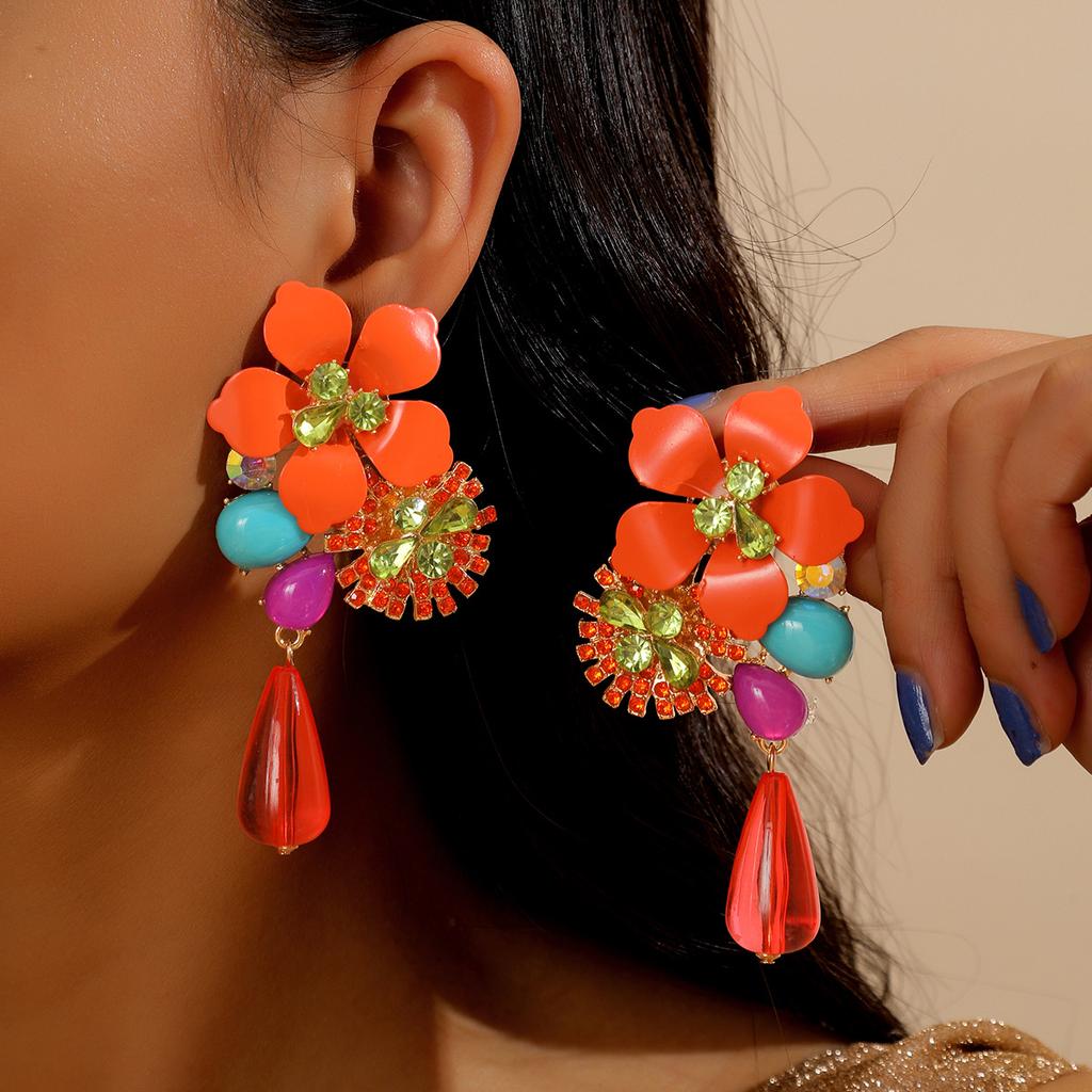 Resin Flower Retro Personality Exaggerated Versatile Water Drop Pendant Earrings