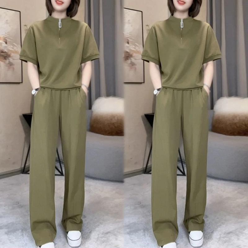 Button-down Casual Sports Outfit for Women, Summer Fashion Set, Straight-leg Pants, Loose Fit, Slimming Two-piece Set