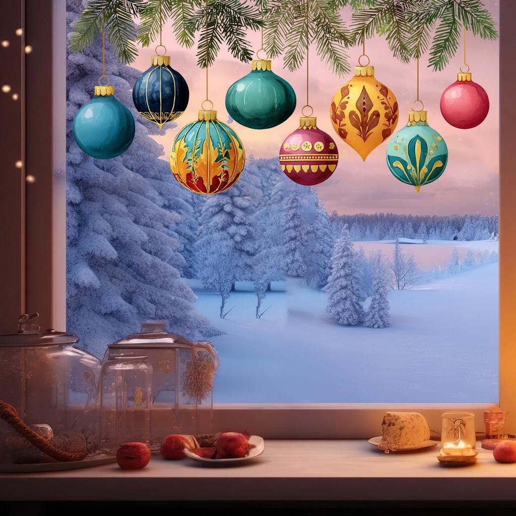Christmas Color Ball and Pine Branch Electrostatic Window Stickers - Snow Scene Decoration