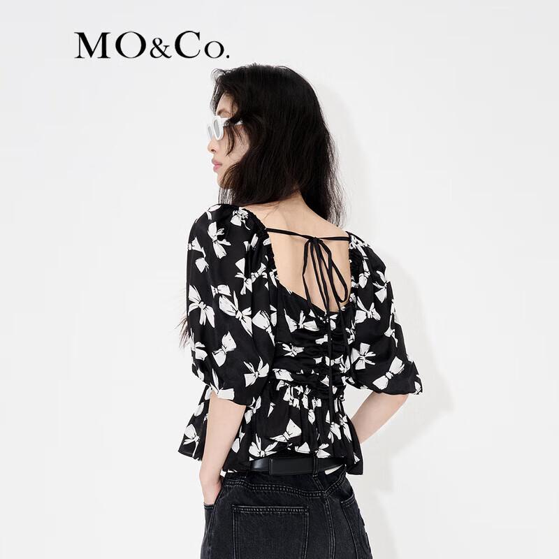 MO&Co. Bowknot Print Ruched Backless Puff Sleeve Crop Top