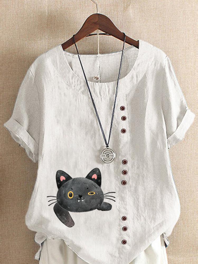 Women's Fashion Cat Printing Casual Cotton Linen Short Sleeve Round Neck T-shirt Shirt Leisure Loose Summer Blouse Tops
