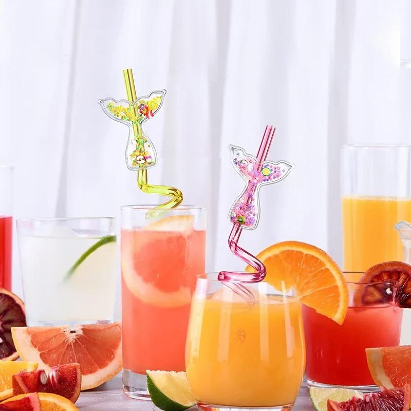 6Pcs Mermaid Tail Flowing Sand Spiral Straw Hawaiian Beach Cocktail Decoration Supplies Summer Party Reusable Straws Decoration
