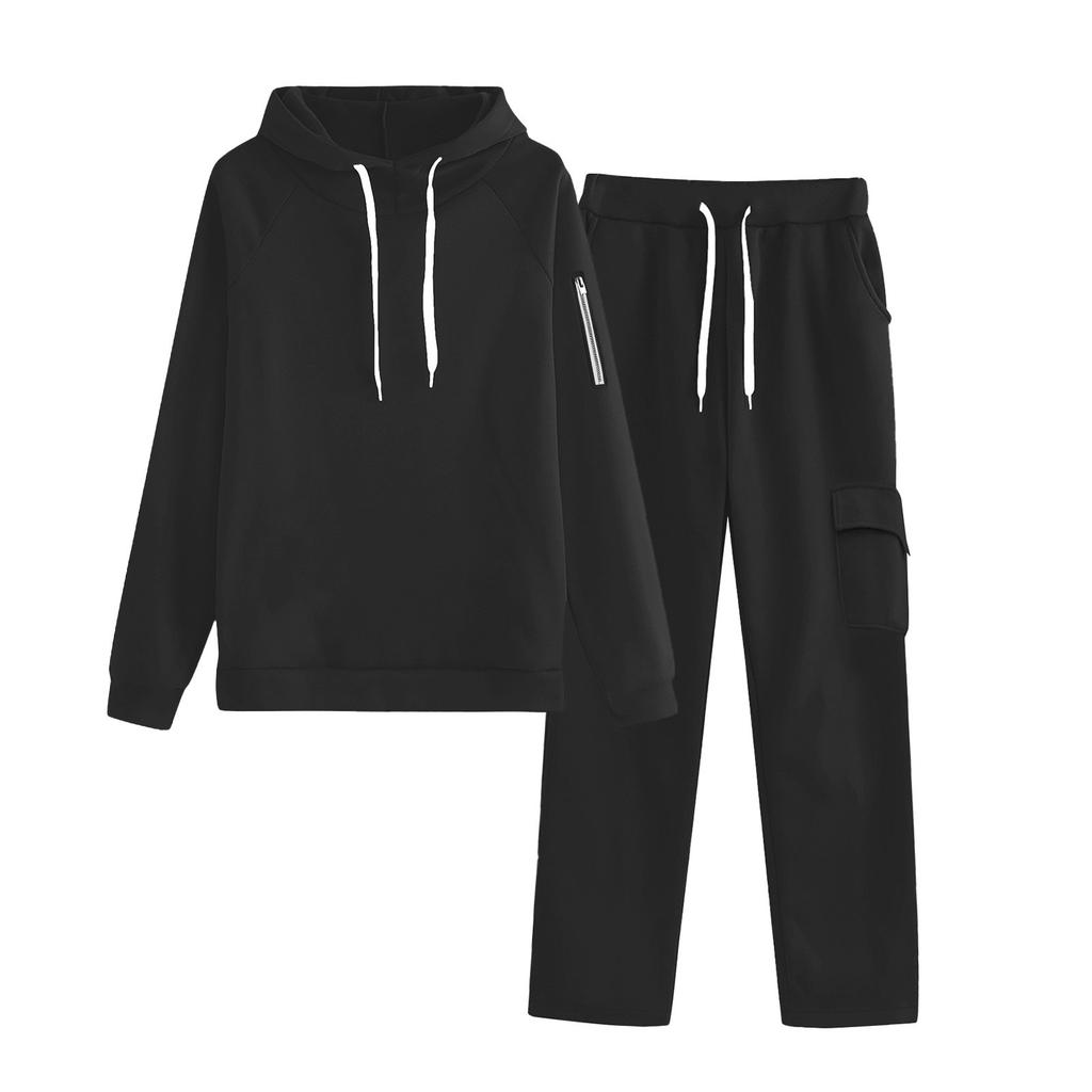 Women's Fashionable Loose Zipper Pocket With Shoulder Sleeves Hoodie And Pants Two-Piece Set