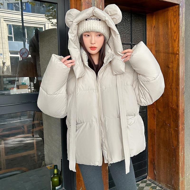 Trendy girl, small down cotton clothes to keep warm in winter, yellow hooded ears jacket design, new bear