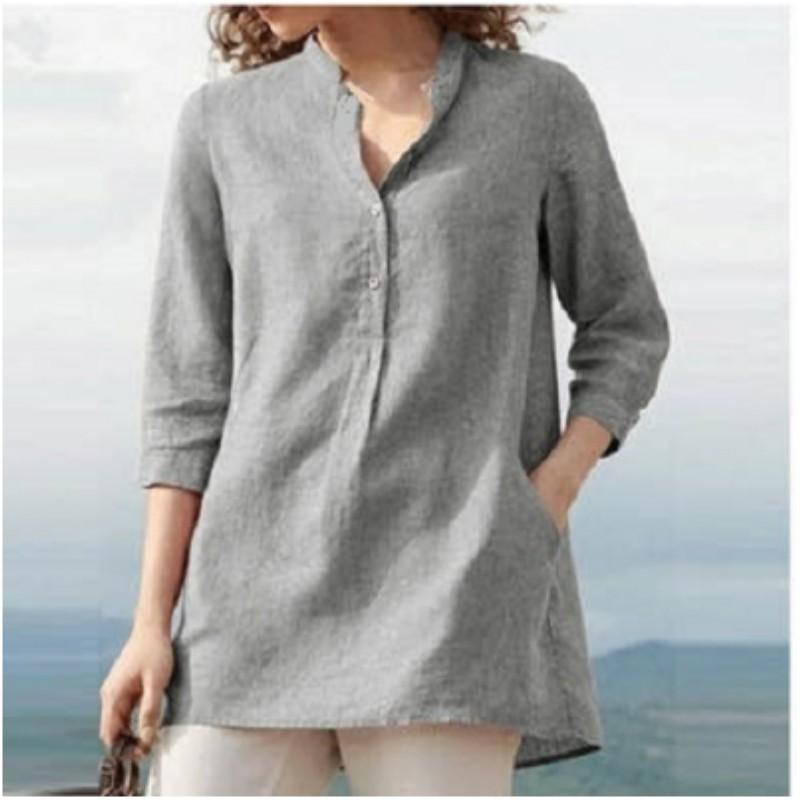 Women Spring Half Sleeve Plus Size Button Casual Shirts Autumn V-Neck Solid  Top