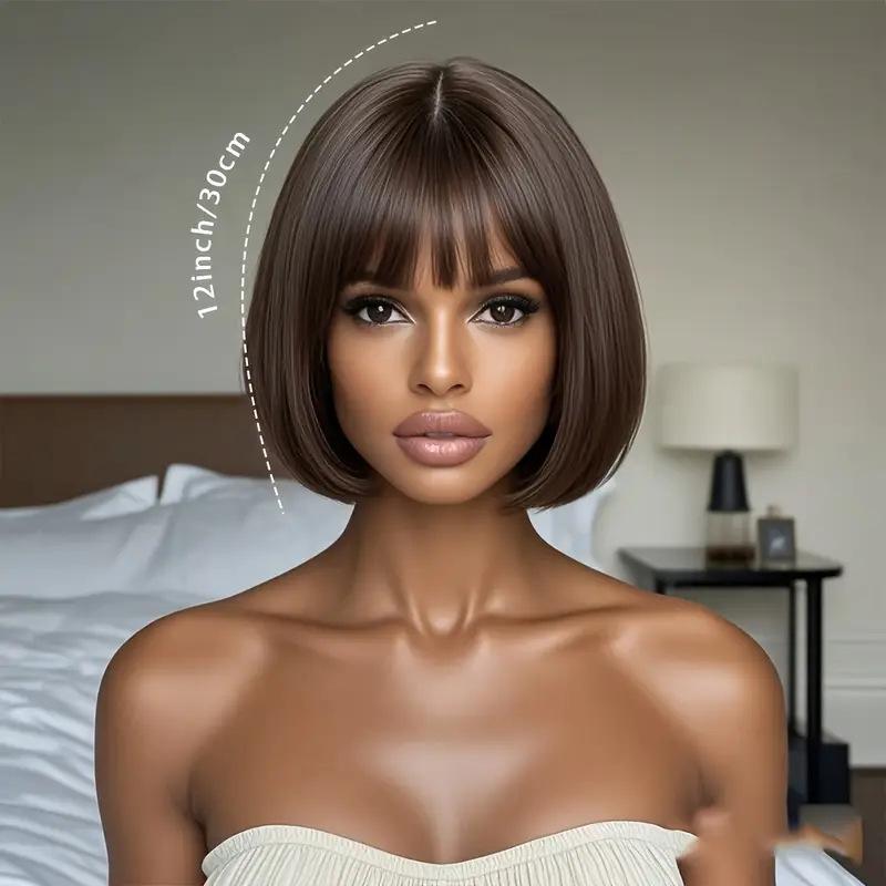European and American fashionable women's short straight bob wig, brown bangs high temperature silk wig headband