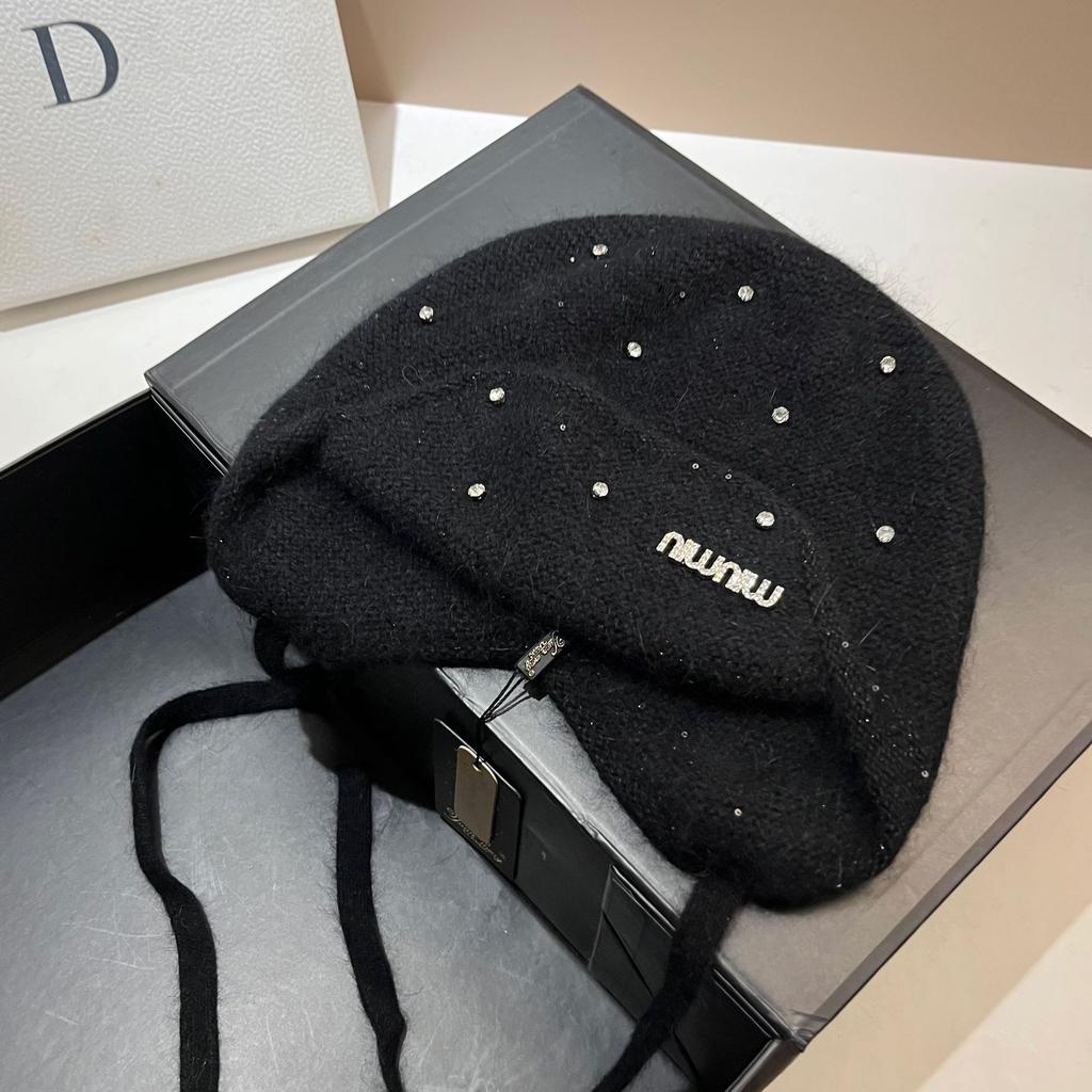 Light Luxury Rhinestone Min Rabbit Hair Knitted Hat Winter Outdoor Double-Layer Thermal Ear Protection Hat Celebrity Style Bag Head Hat